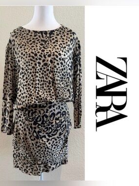 Zara Woman Leopard Animal Print Blouson Mini Dress Beige Black - Size Small